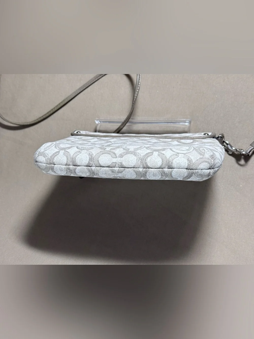 Coach White and Taupe Signature Crossbody with Metallic Accent